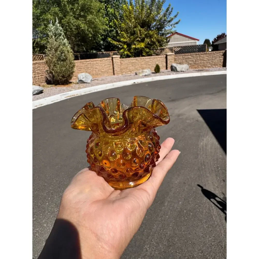Fenton Art Glass Colonial Amber Hobnail mini vase double crimped ruffled rim 70s